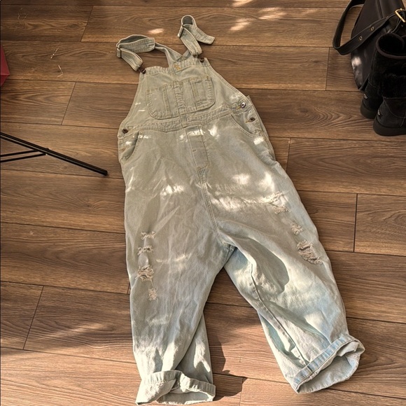 Distressed light blue drop crotch Japanese denim overalls one size baggy - Picture 3 of 10